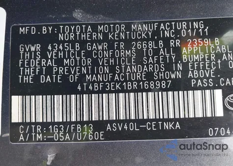 2011 Toyota Camry Le из США, поврежденный, VIN 4T4BF3EK1BR168987